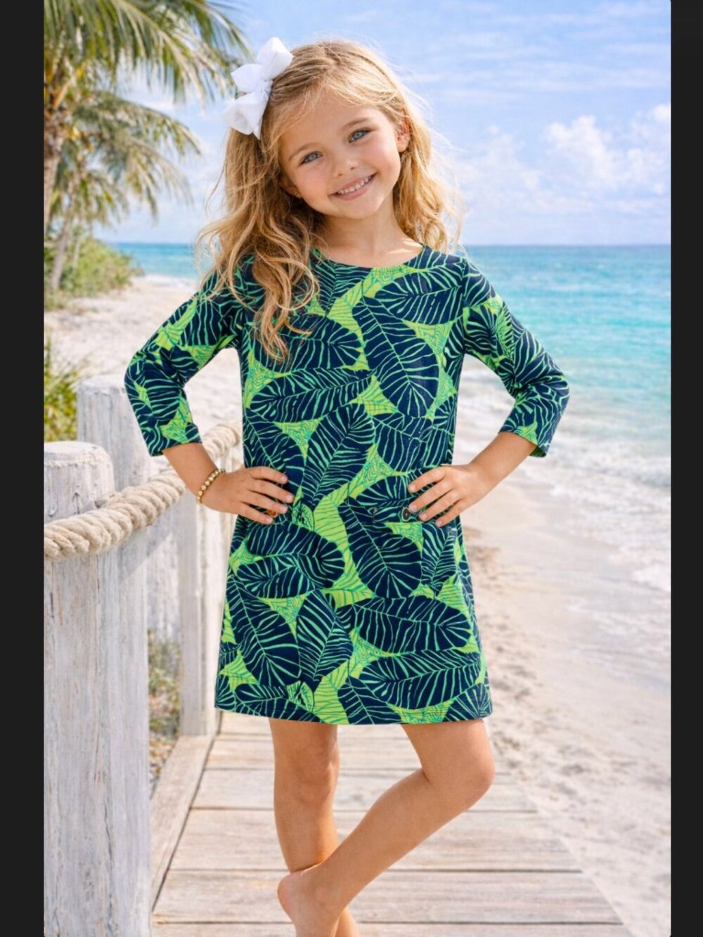 Lilly Pulitzer Girls Shift Dress M 6-7 Under the Palms Green Cotton Beach Resort